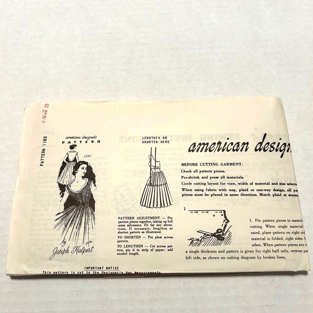 American Designer‎ Joseph Halpert Vintage 1950's Pattern #1183 Dress Size 12 HTF